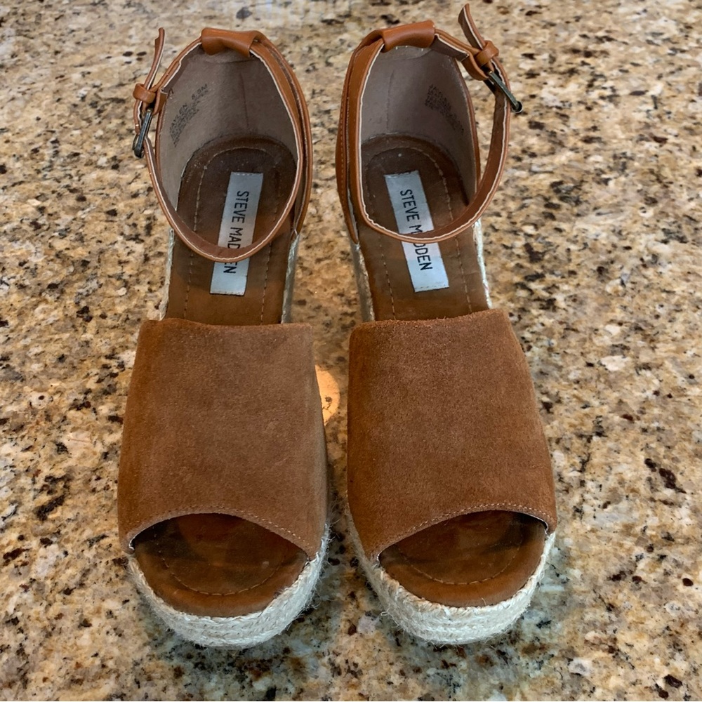 STEVE MADDEN Jaylen Wedge Espadrilles Platform Sandals Size 8.5 Cognac B… - Picture 3 of 12